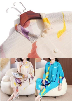 Blue Print Loose Two Piece Set Peter Pan Collar Wrinkled Batwing Sleeve LY2788 -Ada Fashion Blue Print Loose Two Piece Set Peter Pan Collar Wrinkled Batwing Sleeve5