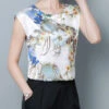 Blue Print Silk Blouse Top O-Neck Slim Fit Short Sleeve LY0413