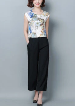 Blue Print Silk Blouse Top O-Neck Slim Fit Short Sleeve LY0413 -Ada Fashion Blue Print Silk Blouse Top O Neck Slim Fit Short Sleeve4