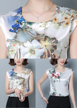 Blue Print Silk Blouse Top O-Neck Slim Fit Short Sleeve LY0413 -Ada Fashion Blue Print Silk Blouse Top O Neck Slim Fit Short Sleeve5