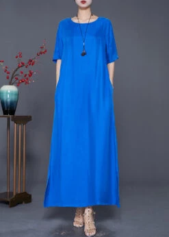Blue Silk Holiday Dress Oversized Side Open Summer LY7586