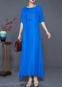 Blue Silk Holiday Dress Oversized Side Open Summer LY7586 -Ada Fashion Blue Silk Holiday Dress Oversized Side Open Summer3