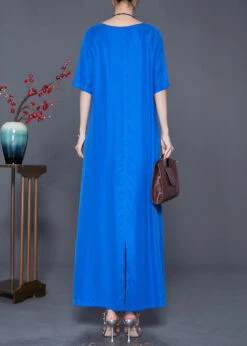 Blue Silk Holiday Dress Oversized Side Open Summer LY7586 -Ada Fashion Blue Silk Holiday Dress Oversized Side Open Summer4