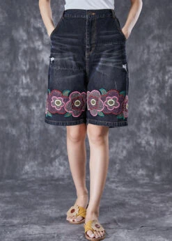 Bohemian Black Elastic Waist Embroideried Floral Denim Shorts Summer LY7046