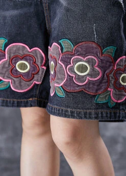Bohemian Black Elastic Waist Embroideried Floral Denim Shorts Summer LY7046 -Ada Fashion Bohemian Black Elastic Waist Embroideried Floral Denim Shorts Summer5