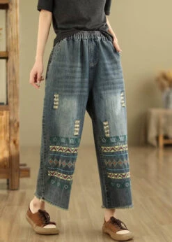 Bohemian Blue Embroidered Pockets Denim Wide Leg Pants Spring QQ1036 -Ada Fashion Bohemian Blue Embroidered Pockets Denim Wide Leg Pants Spring3