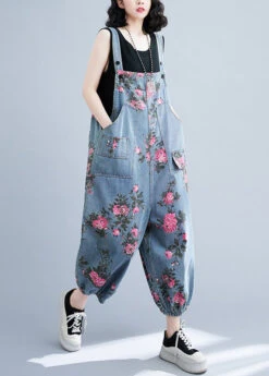 Bohemian Light Blue Oversized Print Pockets Denim Jumpsuits Summer LY4890