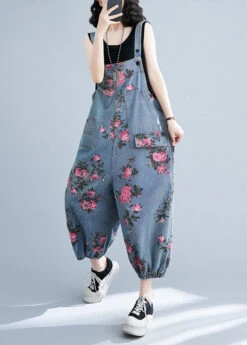 Bohemian Light Blue Oversized Print Pockets Denim Jumpsuits Summer LY4890 -Ada Fashion Bohemian Light Blue Oversized Print Pockets Denim Jumpsuits Summer3