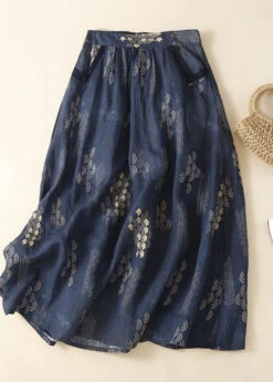 Bohemian Navy Wrinkled Pockets Patchwork Linen SkirtsSummer LY0631