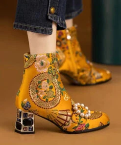 Bohemian Yellow Embroidery Nail Bead Zircon Chunky Heel Boots CZ1012 -Ada Fashion Bohemian Yellow Embroidery Nail Bead Zircon Chunky Heel Boots3