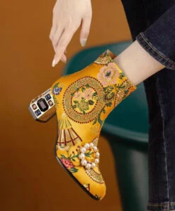 Bohemian Yellow Embroidery Nail Bead Zircon Chunky Heel Boots CZ1012 -Ada Fashion Bohemian Yellow Embroidery Nail Bead Zircon Chunky Heel Boots5