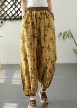 Bohemian Yellow Wrinkled Elastic Waist Crop Lantern Pants LY5027