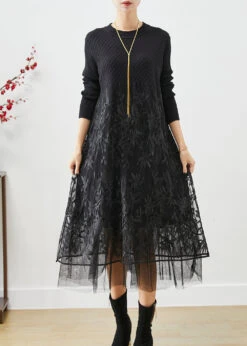 Boho Black Embroideried Tulle Patchwork Knit Long Dress Fall LY9857