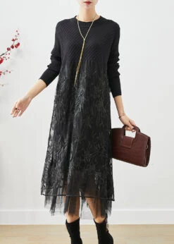 Boho Black Embroideried Tulle Patchwork Knit Long Dress Fall LY9857 -Ada Fashion Boho Black Embroideried Tulle Patchwork Knit Long Dress Fall3
