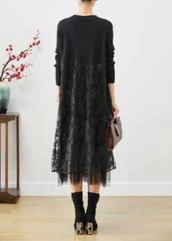 Boho Black Embroideried Tulle Patchwork Knit Long Dress Fall LY9857 -Ada Fashion Boho Black Embroideried Tulle Patchwork Knit Long Dress Fall4