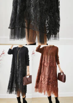 Boho Black Embroideried Tulle Patchwork Knit Long Dress Fall LY9857 -Ada Fashion Boho Black Embroideried Tulle Patchwork Knit Long Dress Fall5