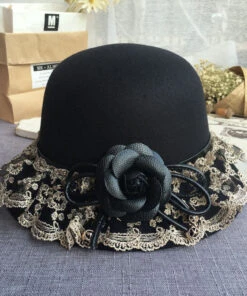 Boho Black Lace Patchwork Floral Woolen Bucket Hat LY541 -Ada Fashion Boho Black Lace Patchwork Floral Woolen Bucket Hat3