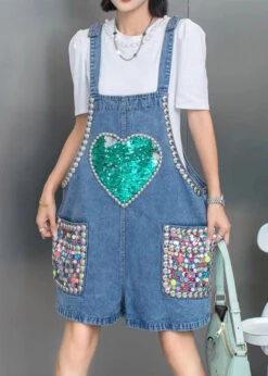 Boho Blue Nail Bead Sequins Patchwork Denim Jumpsuit Shorts Summer LY5227