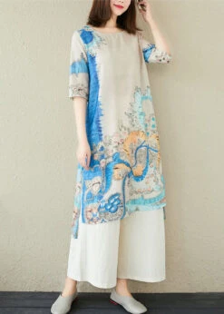 Boho Blue Print O-Neck Side Open Linen Two Piece Set Women Clothing Summer LY1513