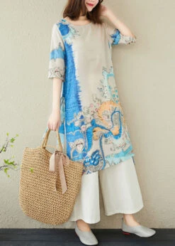 Boho Blue Print O-Neck Side Open Linen Two Piece Set Women Clothing Summer LY1513 -Ada Fashion Boho Blue Print O Neck Side Open Linen Two Piece Set Women Clothing Summer3