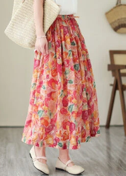 Boho Floral Wrinkled Pockets Elastic Waist Patchwork Linen Skirts Summer LY4906