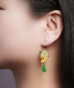 Boho Green Coloured Glaze Chalcedony Agate Cloisonne Floral Fish Drip Drop Earrings LY2200 -Ada Fashion Boho Green Coloured Glaze Chalcedony Agate Cloisonne Floral Fish Drip Drop Earrings3