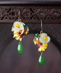 Boho Green Coloured Glaze Chalcedony Agate Cloisonne Floral Fish Drip Drop Earrings LY2200 -Ada Fashion Boho Green Coloured Glaze Chalcedony Agate Cloisonne Floral Fish Drip Drop Earrings4