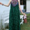 Boho Green Embroidered Jacquard Silk Spaghetti Strap Dress Sleeveless WW1015