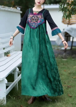 Boho Green Embroidered Jacquard Silk Spaghetti Strap Dress Sleeveless WW1015 -Ada Fashion Boho Green Embroidered Jacquard Silk Spaghetti Strap Dress Sleeveless4