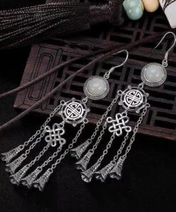 Boho Jade Patchwork Tassel Silver Drop Earrings LY9146 -Ada Fashion Boho Jade Patchwork Tassel Silver Drop Earrings3