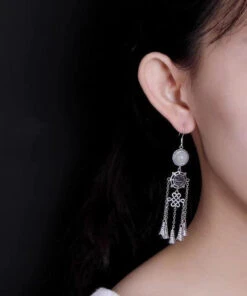 Boho Jade Patchwork Tassel Silver Drop Earrings LY9146 -Ada Fashion Boho Jade Patchwork Tassel Silver Drop Earrings5