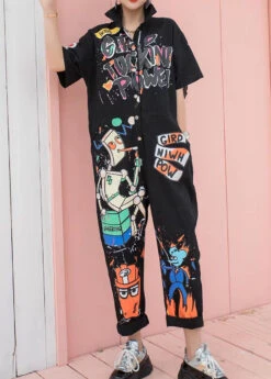 Boutique Black Pockets Cartoon Print Patchwork Cotton Jumpsuits Summer LY3985