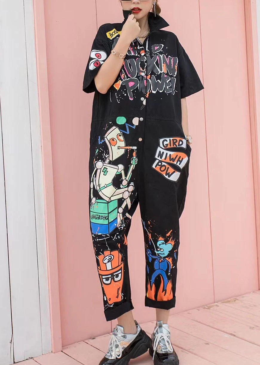 Boutique Black Pockets Cartoon Print Patchwork Cotton Jumpsuits Summer LY3985 4 Boutique Black Pockets Cartoon Print Patchwork Cotton Jumpsuits Summer LY3985 - Image 2