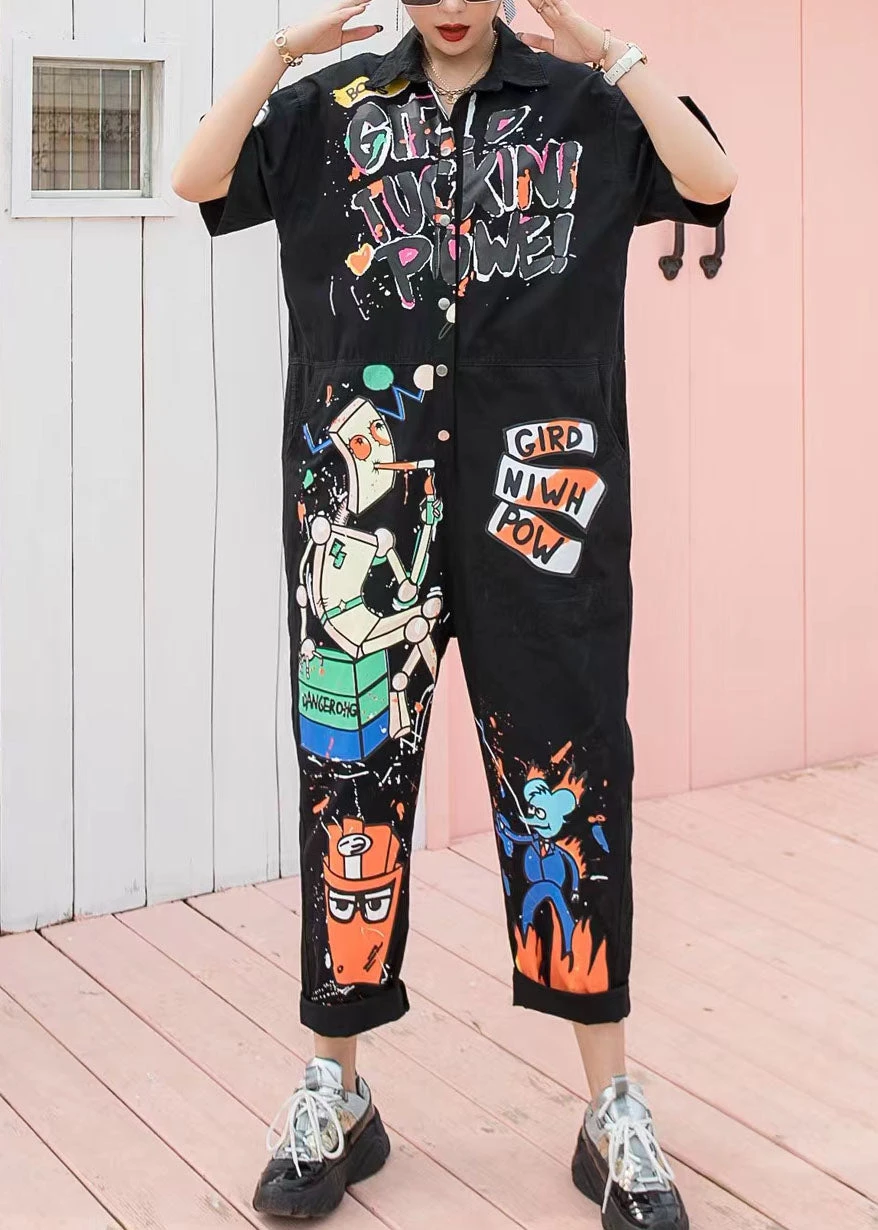 Boutique Black Pockets Cartoon Print Patchwork Cotton Jumpsuits Summer LY3985 5 Boutique Black Pockets Cartoon Print Patchwork Cotton Jumpsuits Summer LY3985 - Image 3