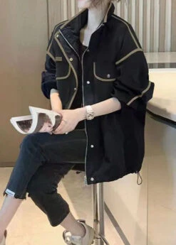Boutique Black Stand Collar Zip Up Pockets Patchwork Cotton Jacket Fall LY8355 -Ada Fashion Boutique Black Stand Collar Zip Up Pockets Patchwork Cotton Jacket Fall Ada Fashion 149243486