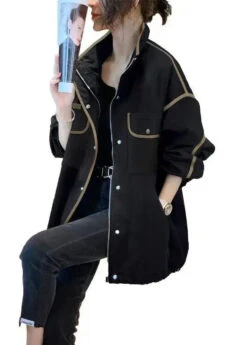 Boutique Black Stand Collar Zip Up Pockets Patchwork Cotton Jacket Fall LY8355 -Ada Fashion Boutique Black Stand Collar Zip Up Pockets Patchwork Cotton Jacket Fall Ada Fashion 149243587