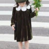 Boutique Blackish Green Wrinkled Patchwork Velour Baby Girls Dress Fall LY9950