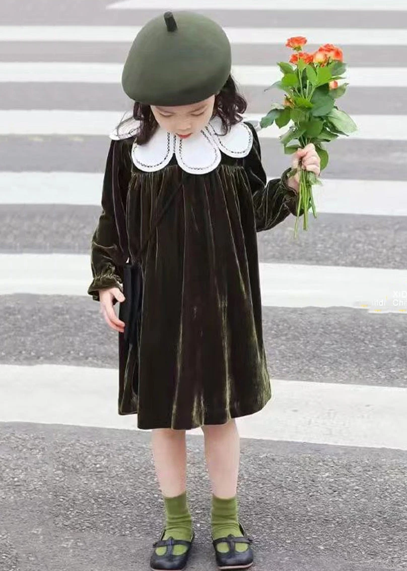 Boutique Blackish Green Wrinkled Patchwork Velour Baby Girls Dress Fall LY9950 3 Boutique Blackish Green Wrinkled Patchwork Velour Baby Girls Dress Fall LY9950