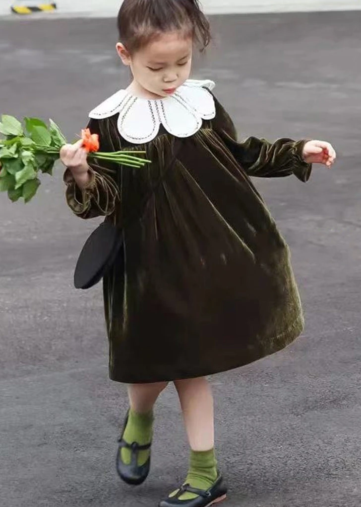 Boutique Blackish Green Wrinkled Patchwork Velour Baby Girls Dress Fall LY9950 4 Boutique Blackish Green Wrinkled Patchwork Velour Baby Girls Dress Fall LY9950 - Image 2