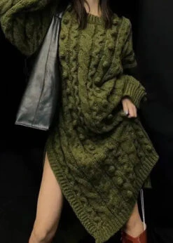 Boutique Green O-Neck Side Open Cable Knit Sweaters Dress Long Sleeve ML1222
