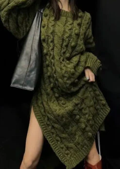 Boutique Green O-Neck Side Open Cable Knit Sweaters Dress Long Sleeve ML1222 -Ada Fashion Boutique Green O Neck Side Open Cable Knit Sweaters Dress Long Sleeve Ada Fashion 165092270
