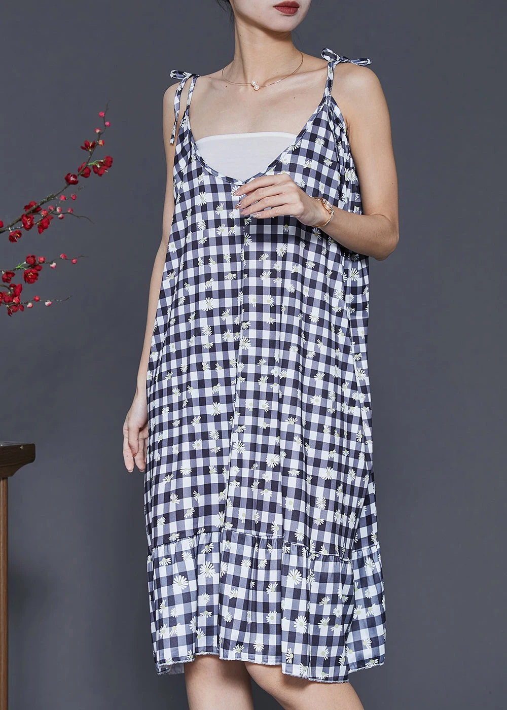 Boutique Grey Plaid Cotton Spaghetti Strap Dress Summer SD1004 4 Boutique Grey Plaid Cotton Spaghetti Strap Dress Summer SD1004 - Image 2