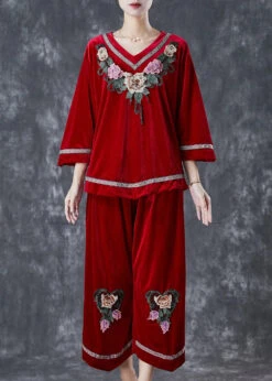 Floral Silk Velour Two Piece Set Women Clothing