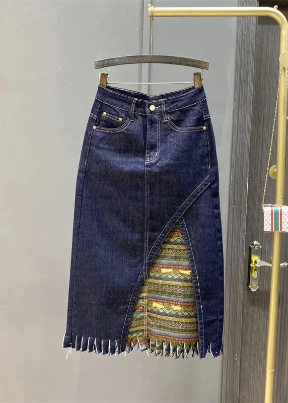 Boutique Navy Asymmetrical Print Patchwork Tassel Denim Skirts ML0728 3 Boutique Navy Asymmetrical Print Patchwork Tassel Denim Skirts ML0728