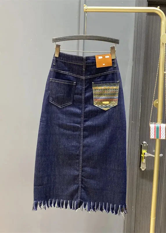 Boutique Navy Asymmetrical Print Patchwork Tassel Denim Skirts ML0728 4 Boutique Navy Asymmetrical Print Patchwork Tassel Denim Skirts ML0728 - Image 2