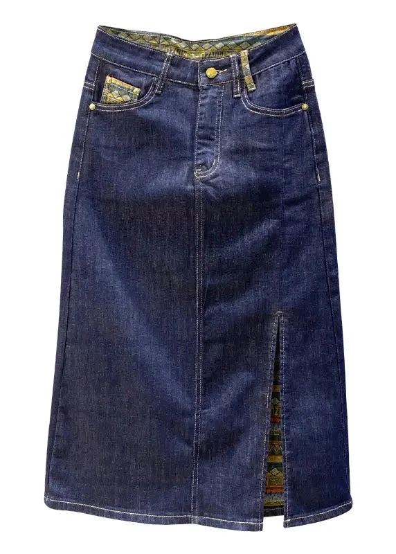 Boutique Navy Asymmetrical Print Patchwork Tassel Denim Skirts ML0728 7 Boutique Navy Asymmetrical Print Patchwork Tassel Denim Skirts ML0728 - Image 5