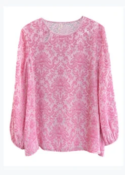 Boutique Pink O Neck Jacquard Silk Velour Blouse Top Spring WW1013 -Ada Fashion Boutique Pink O Neck Jacquard Silk Velour Blouse Top Spring5