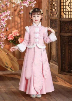 Boutique Pink Stand Collar Print Button Girls Thick Coats And Skirts Two Pieces Set Winter ML0193
