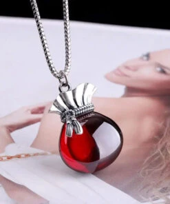 Boutique Pomegranate Red Sterling Silver Chalcedony Money Bag Pendant Necklace LY8534