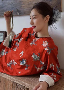 Boutique Red Print Top And Blue Maxi Skirts Two Pieces Set Fall ML3127